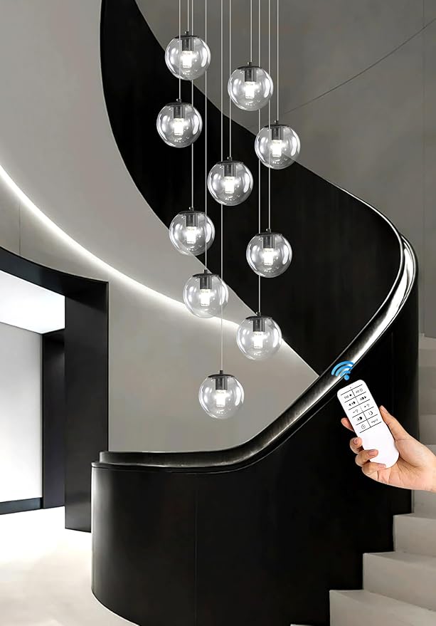 10-Light LED Staircase Modern Glass Globe Pendant Light Large Chandeliers for High Ceilings, Entryway Lighting Fixture Villas and Stairs