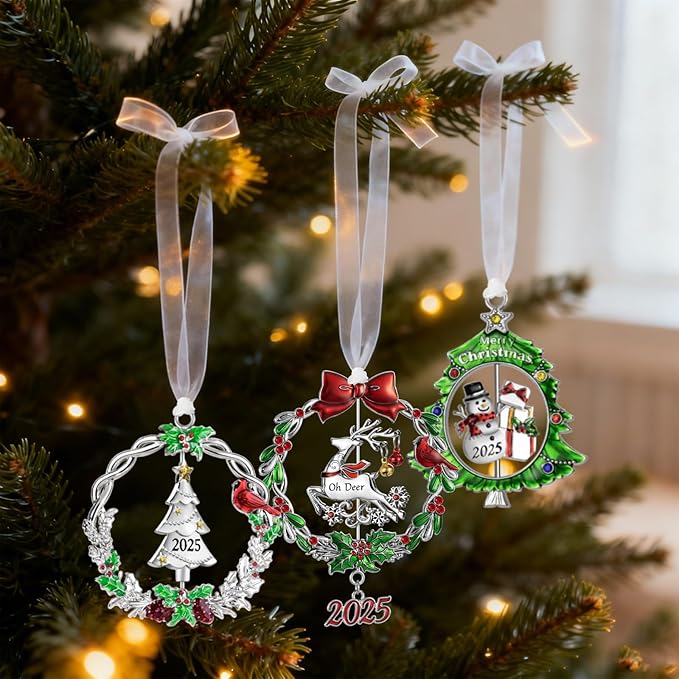 Christmas Tree Ornament Metal Silver Hanging Rotatable Design Charm Holiday Decorative Pendant Gift Keepsake (2025, 3 Piece Set)