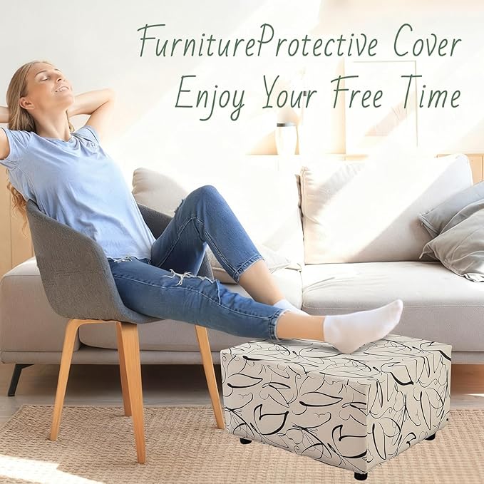HAOYONG Ottoman Cover Rectangle Printed, Stretch Footstool Slipcover Soft Fabric Protector for Rectangular Ottoman in Living Room or Bedroom Washable Medium