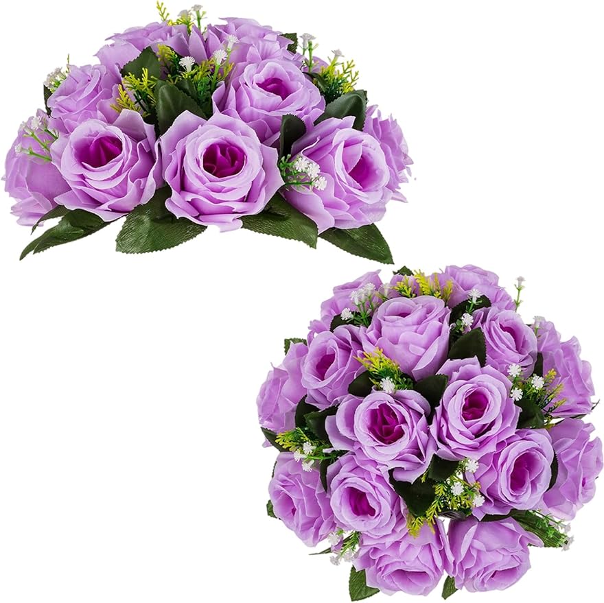 BLOSMON Flower Balls Wedding Rose Centerpieces: 2 Pcs Fake Flowers with Base White Kissing Balls Decor White Artificial Floral Arrangements Flower Bouquet of Roses Home Party Table DIY Decorations