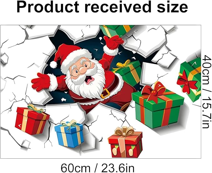 Santa Wall Decal for Christmas | Peel and Stick Holiday Decoration with Crack Effect & Gift Boxes – Removable Vinyl Sticker for Walls, Windows, Office, Party or Storefront Display