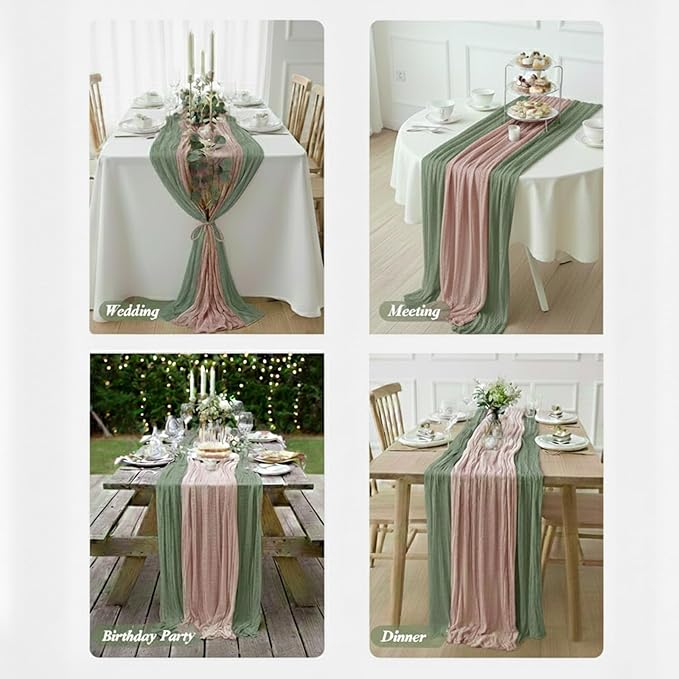 Cheesecloth Table Runner 2 Pack Sage Green and Dusty Pink, Boho Gauze Table Runner 10Ft 120 Inches Long for Wedding Decor, Party & Home Table Decoration