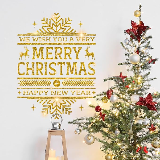clothmile 4 Sheets Gold Merry Christmas Wall Decals Gold Christmas Snowflake Wall Stickers Decor Removable Christmas Wall Decals for Xmas Holiday Party Supplies Home Window Merry Christmas Decor