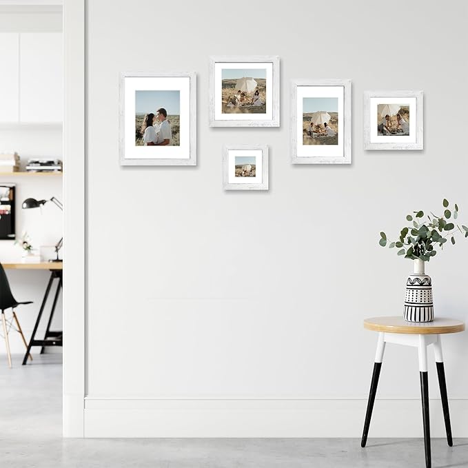 iRahmen 8x8 Picture Frames Set of 4 with Real Glass, Distressed White Frame Display 6x6 Pictures with Mat or 8 x 8 Without Mat, Wood Square Photo Frame for Wall Mount and Tabletop Display