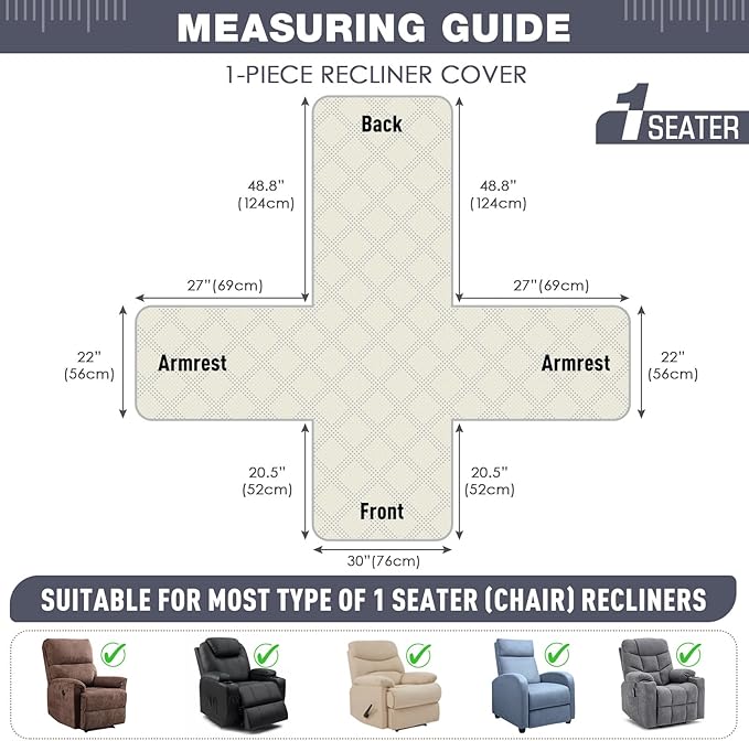 TAOCOCO 100% Waterproof Recliner Chair Cover, Recliner Covers for Recliner Chair with Pocket, Non Slip Reclining Chair Cover Furniture Protector for Kids, Pets(30'', Dark GreyVelvet)