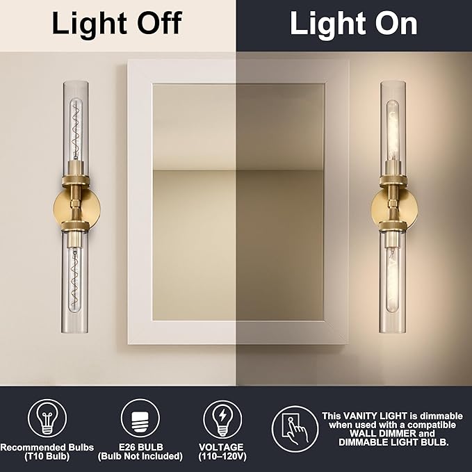 LaLuLa 2-Light Bathroom Vanity Light,Knurled Texture Linear Gold Wall Sconces,Clear Glass Tube Vanity Lighting Fixtures,Modern Wall Mounted Light,Indoor Wall Lights for Living Room,Bedroom,Hallway