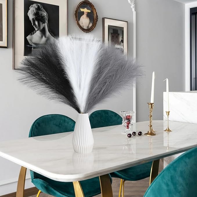 Faux Pampas Grass Decor 17.7 Inch 6pcs, Artificial Pampas Grass Fluffy Home Decor, Short Vase Room Decor pompous Grass Flower Arrangement for Boho Home Wedding Decoration (Black,White,Grey)