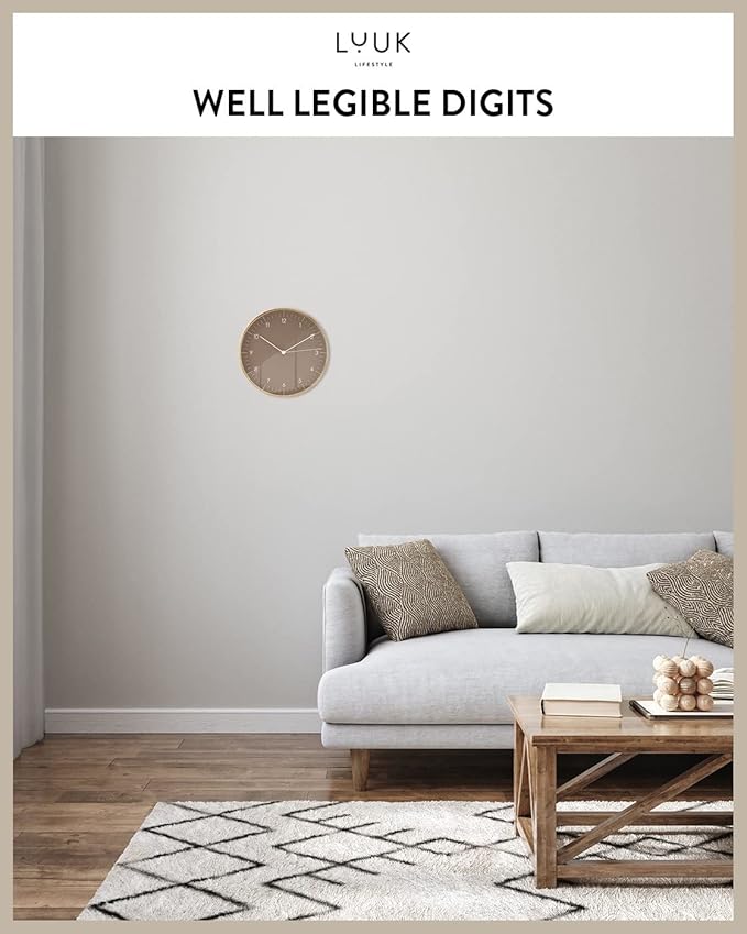 LUUK LIFESTYLE 10” Wall Clock with Silent Movement, Minimalist Scandinavian Design, Kitchen Clock, Decoration for Living Room, Bedroom, Hallway, Housewarming Present, in Brown and Gold