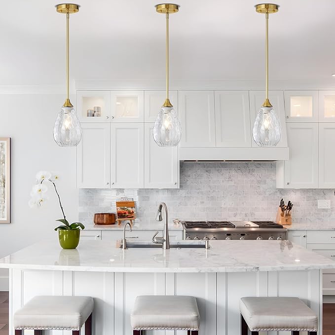 Brushed Gold Pendant Lights Kitchen Island 2 Pack, Modern Glass Pendant Light Fixtures with Hammered Glass and Rods, Adjustable Brass Hanging Light for Kitchen Sink Dining Room Bathroom