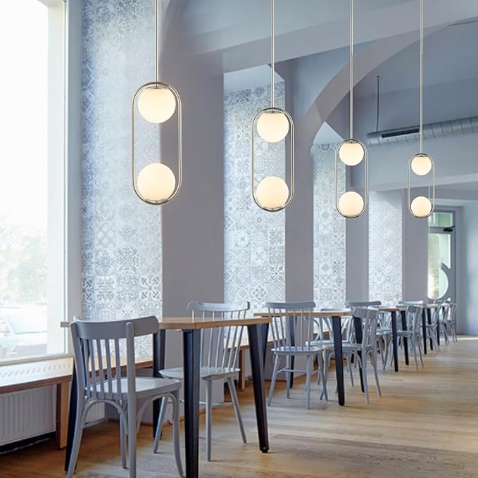 Modern Globe Pendant Light 2-Lights Brushed Nickel Chandelier Mid Century Ceiling Hanging Lighting Fixture White Globe Glass Shades for Kitchen Island Dining Room Bedroom