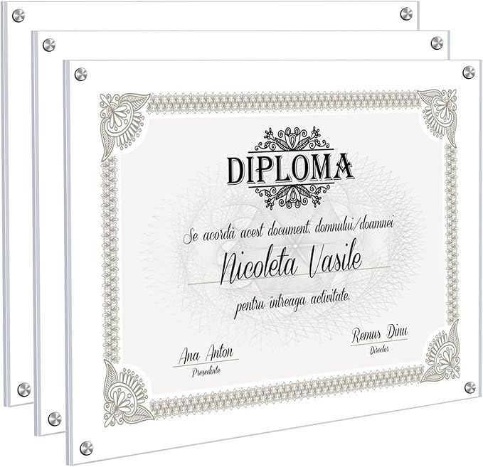 Kalami 3 Pack 11x14 Acrylic Wall Mount Picture Frame Self Adhesive, Floating Frameless Clear Photo Frame for Diploma Certificate Degree Document Display Gallery Wall-Full Frame Size 12.4x15.4