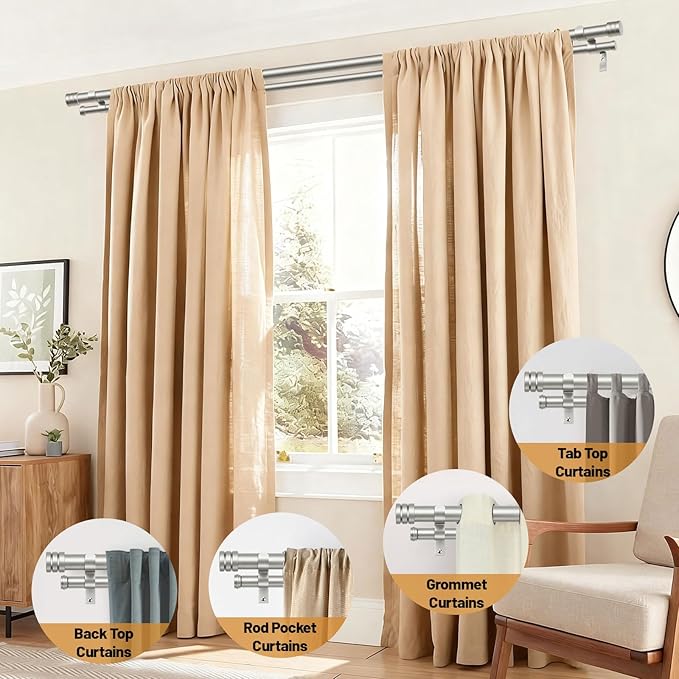 TONIAL1 Inch Double Curtain Rods 140 to 195 Inches, Heavy Duty Decorative Long Drapery Rod for Windows 128 to 190 Inches (5.75 to11.7 ft) with Classic Cap Finial, Antique Silver