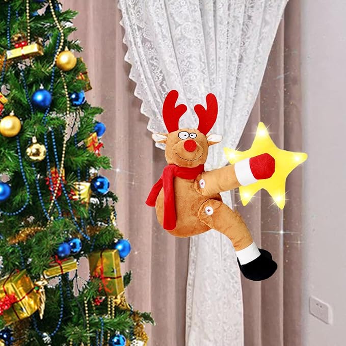 Handmade Christmas Tree Reindeer Toppers with Lights - Embrace Reindeer with Lighted Star for Christmas Home Decoration