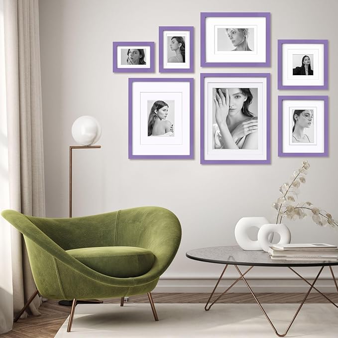 Egofine 9x12 Picture Frames 4PCS Covered by Plexiglass, Wood Frames for Pictures 5x7/6x8 with Mat or 9x12 without Mat, Tabletop and Wall Mounting Display, Purple