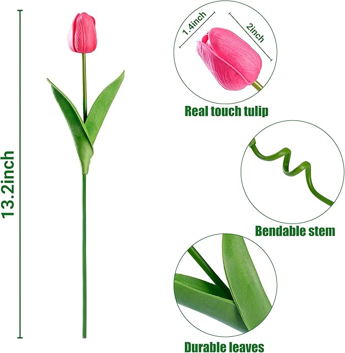 Sggvecsy 30 Pcs Fake Tulips Artificial Flowers Real Touch PU Faux Flowers Tulip Stems for Wedding Spring Bouquet Floral Arrangement Home Party Office Decorations for Mother's Day (Dark Pink)