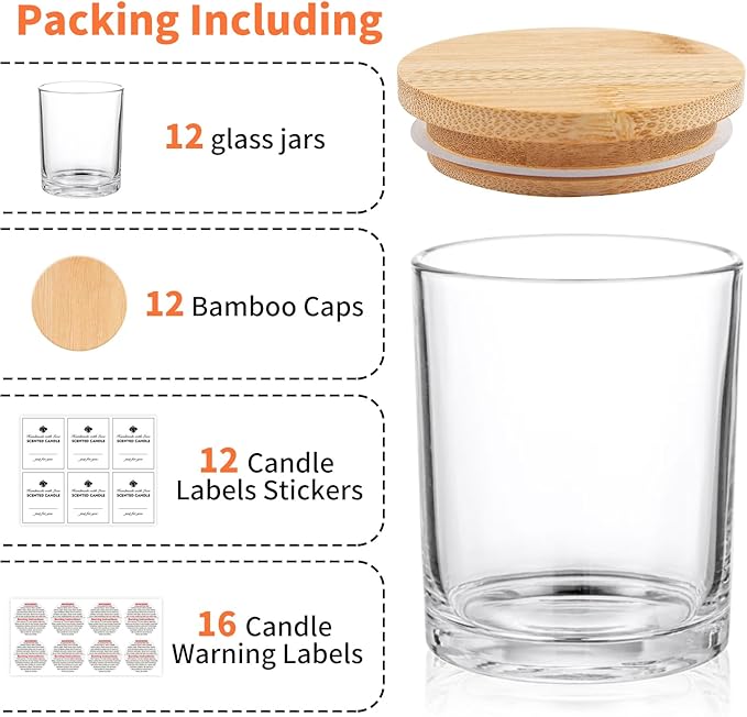 SUPMIND 12 Pack Glass Candle Jars-10oz Clear Empty Candle Jars with Bamboo Lids and Sticky Labels, Bulk Candle Jars for Making Candles Containers - Dishwasher Safe
