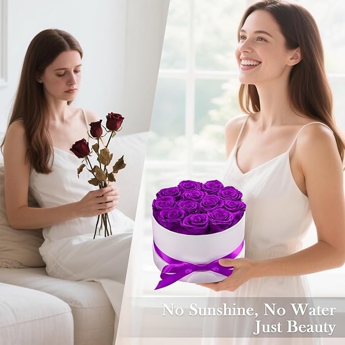 Preserved Roses in a Box, Blooming Real Roses Decor, Eternal Flowers for Delivery Prime, Best Gifts Birthday, Wedding, Anniversary, Mother's Day for Her, 12-Pieces (Purple)