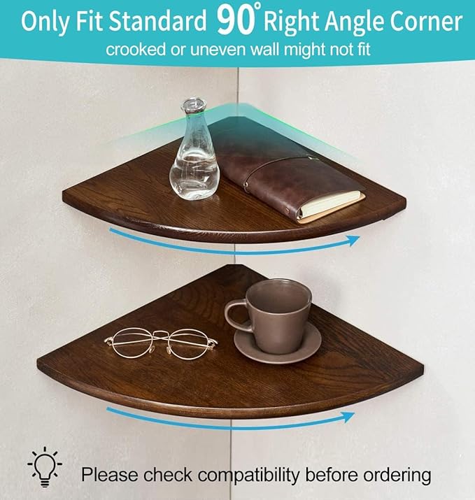 Corner Shelves, Floating Corner Shelf, Set of 2 10inch Solid Oak Wood Corner Wall Shelves, Round End with Wire Hole for Small Plant for Bedroom Kitchen, Living Room
