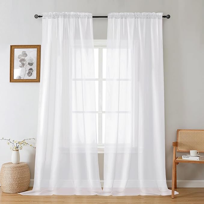 Gwine White Sheer Curtains 96 Inches Long 2 Panels, Elegant Window Treatments Voile Curtains for Living Room, Light Filtering Rod Pocket Sheer Drapes, Each 42" Wx96