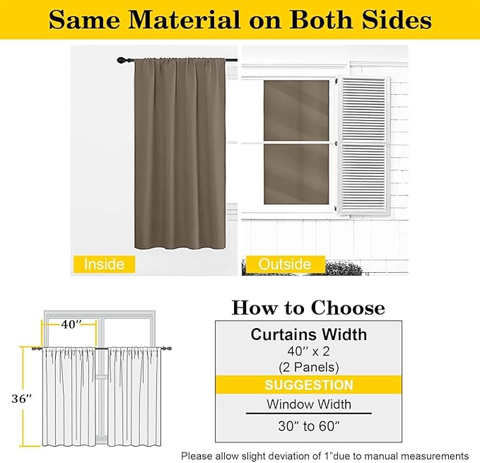 Brown Cafe Blackout Curtains 36 Inch Length 2 Panels Set, Soft Solid Thermal Insulated Room Darkening Small Window Curtains for Kitchen Bathroom Basement, Brown, Each, 40" Wx36 L