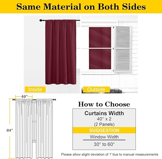 Burgundy Blackout Curtains 84 Inch Length 2 Panels Set, Soft Solid Thermal Insulated Room Darkening Curtains 84 Inches Long for Bedroom Living Room, Rod Pocket Drape, Each 40" Wx84 L