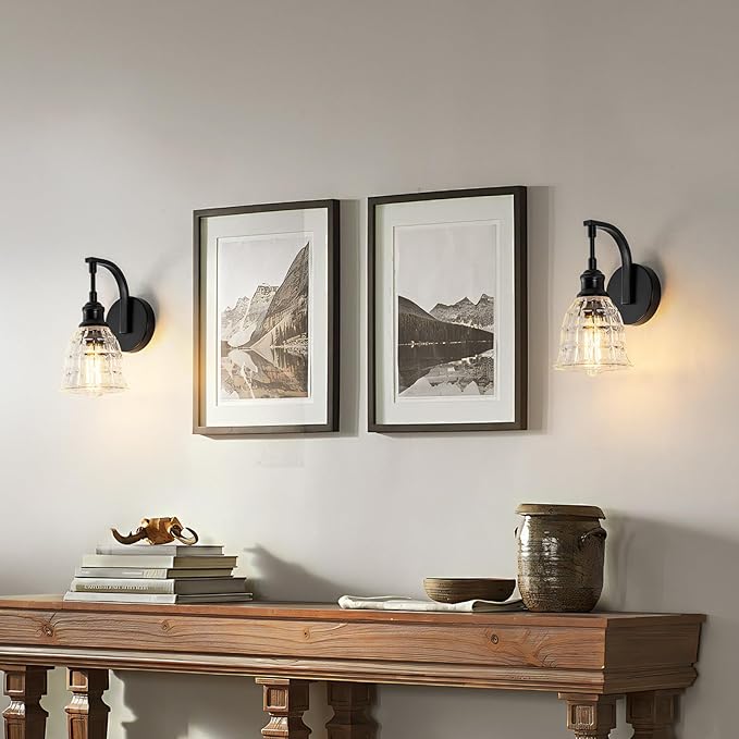 Blck Wall Sconce, Modern Matte Black Sconces Wall Lighting, Vintage Glass Light Fixtures, Indoor Wall Lamps for Bathroom Vanity Mirror Living Room Bedroom Kitchen Hallway Stairway E26 Hardwire