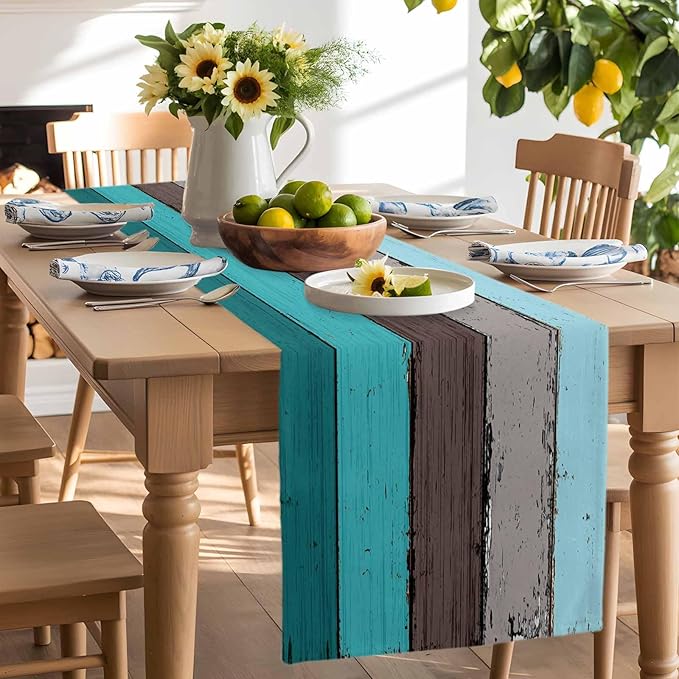 Table Runners 13X120 Inches Extra Long, Ombre Peacock Blue Gray ,Cotton Linen Farmhouse Retro Rustic Barn Wood Texture Tablecloths Non-Slip Party Table Decorations for Kitchen ,Home ,Dining ,Outdoor,