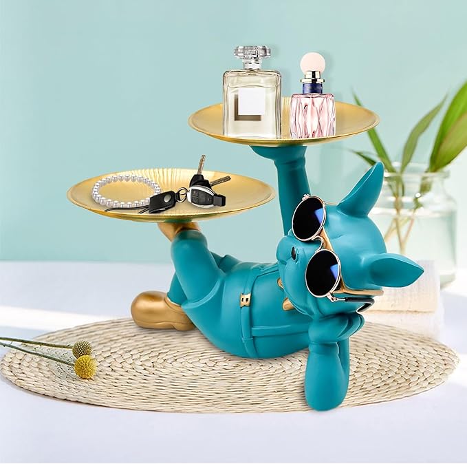 Resin French Bulldog Tray Statue, Lying Bulldog Candy Dish Key Holder Bowl, French Bulldog Accessories, Statues for Office Desk Home Decor Figurines Entryway Table Decor (Blue Green)