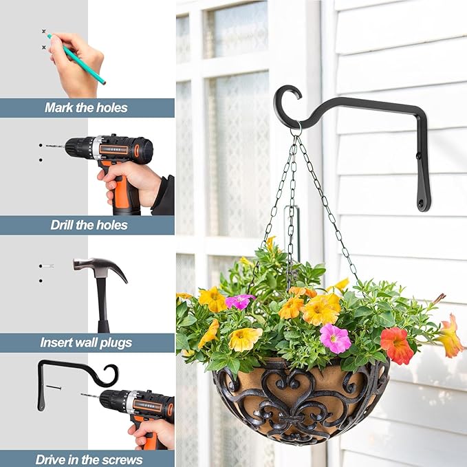 BOLITE Plant Hangers, 6 Inch Hanging Plant Brackets Outdoor Indoor, Wall Hooks for Hummingbird Feeders, Bird Feeders, Planters, Lanterns, Wind Chimes, Home Decor, 2 Pack, Black, Gifts for Women Men