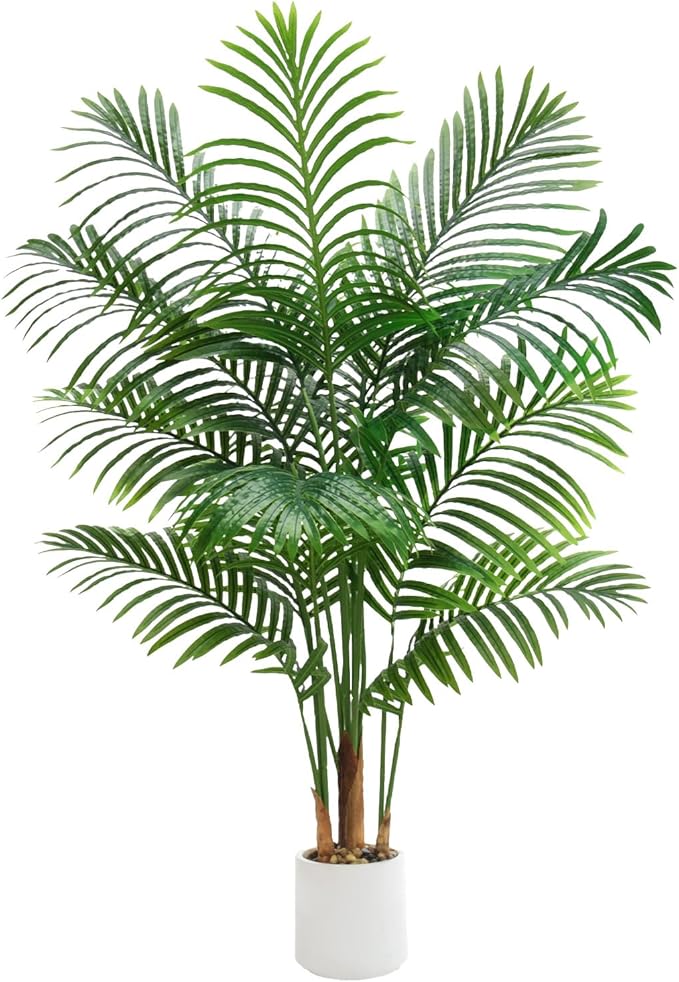 Artificial Palm Tree 5FT Faux Plants Indoor Tropical Fake Palm Tree Areca Floor Plant in White Pot with 13 Trunks & Real Bark Design, Faux Palm Plant for Outdoor Patio Home Room Office Decor