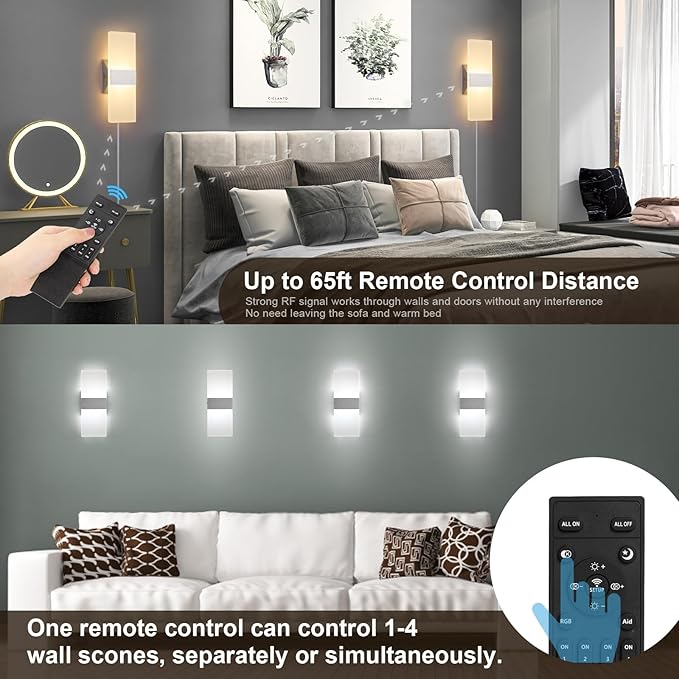 Plug in Wall Sconces with Stepless Adjustable 3000K-6500K Colors and 10%-100% Brightness, Sconces Wall Lighting with Remote Control 12W Acrylic LED Wall Lamp with 6FT Plug in Cord, 2 Pack