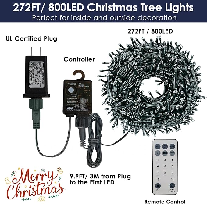 Decute 800Leds 272FT Colors Changing Christmas String Lights 4 Colors in 1 Strand 11 Modes, Waterproof Indoor Outdoor Tree Fairy Lights Warm White & Multicolor with Timer Remote