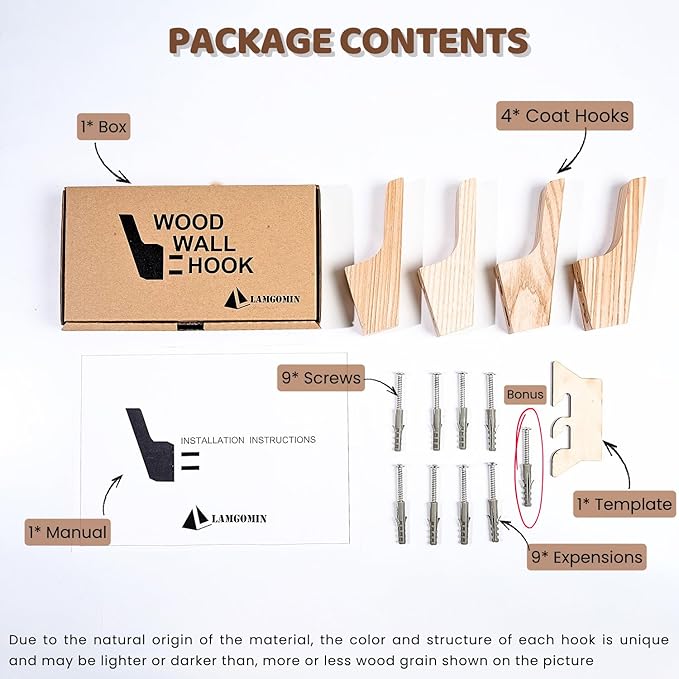 Wood Wall Hooks, 4 Pack Wood Coat Hooks, Minimalist Hat, Backpack, Jacket, Towel Hangers, Decorative Mounted Pegs, Durable Wall Hooks for Entryway, Bathroom and Kitchen (Ash)
