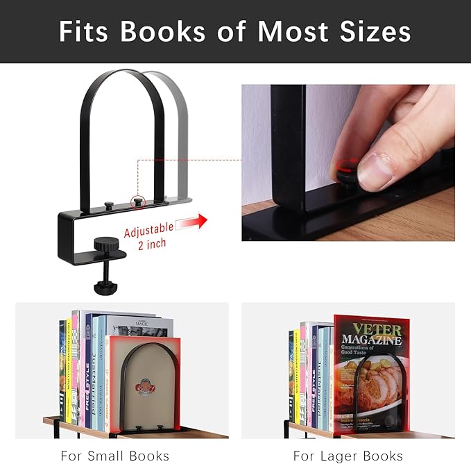 WOMACO Book Ends for Heavy Books, Heavy Duty Bookend for Shelves, Super Steady Clamp-On Non-Skid Metal Book Shelves Holders Stoppers for CDs, Vinyl Records (Black, 4 Pairs)