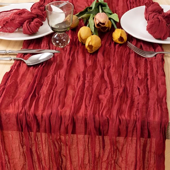 MLMC Red Table Runner 10ft Boho Gauze Cheesecloth Valentines Table Runner Rustic Cheese Cloth Decor 35x120 Inches for Wedding Reception Annniversary Home Valentine's Day Decor