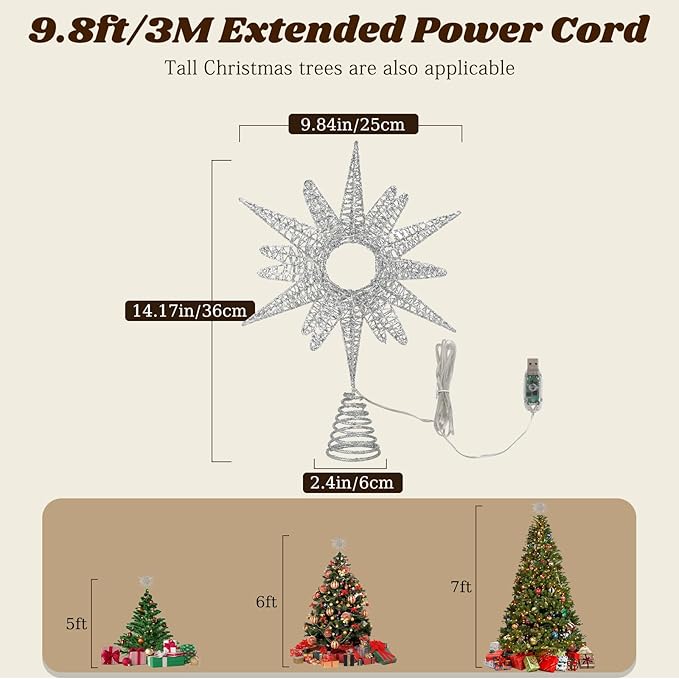 Lewondr Christmas Tree Topper, 14.17'' Metal Xmas Star Tree Topper with 30 LED Bulbs, USB Remote Control Glittered Sunflower Treetop, 6H Timer, 8 Light Modes Christmas Decorations for Home, Silver