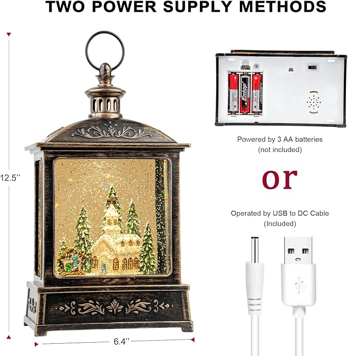 Christmas Snow Globe Lantern Water Glittering Churche & Manger Scene with Music & Timer, USB Lined/Battery Operated Lighted Lantern for Christmas Festival Decoration Gifts