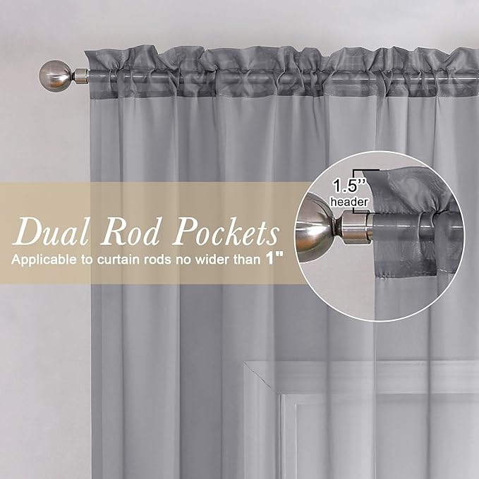 Lecloud Charcoal Grey Sheer Curtains 14 Inch Length 2 Panels Set, Light Reducing Short Window Valances for Living Room Bedroom, Gray Kitchen Curtains with Dual Rod Pockets, 40" W x 14" L