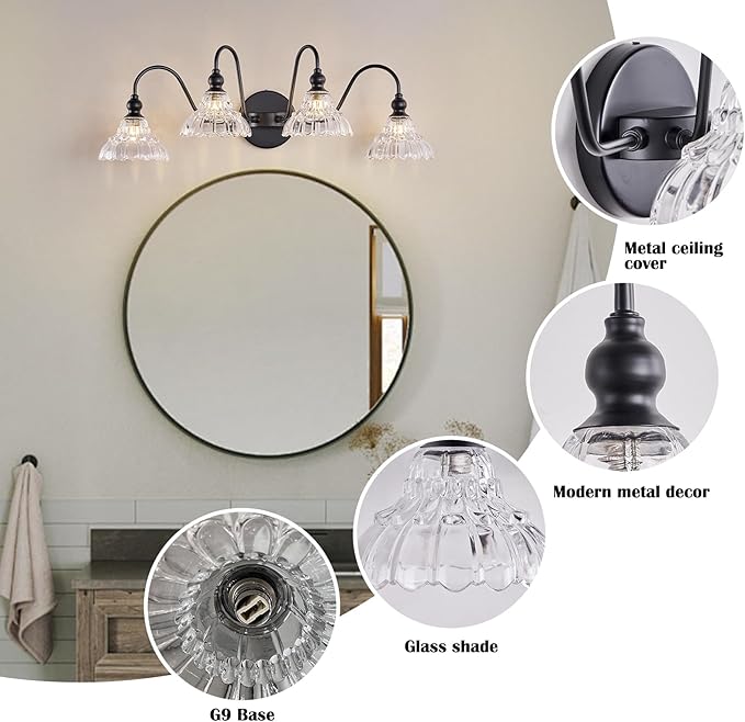 Black Vanity Light Fixtures, 4-Light Bathroom Light Fixtures Vintage Wall Sconces for Dining Room Bathroom Bedroom