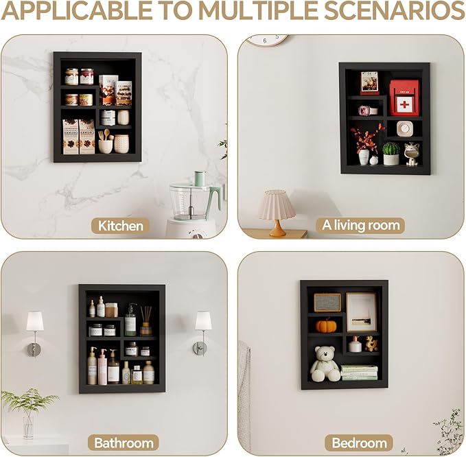 Solid Wood 14 X 18 Recessed Medicine Cabinet,2-Tier, Medicine Cabinet Organizer,Wall Niche, Bathroom Wall Cabinet, Recessed Bathroom Cabinet, Bathroom Cabinet with Storage Black
