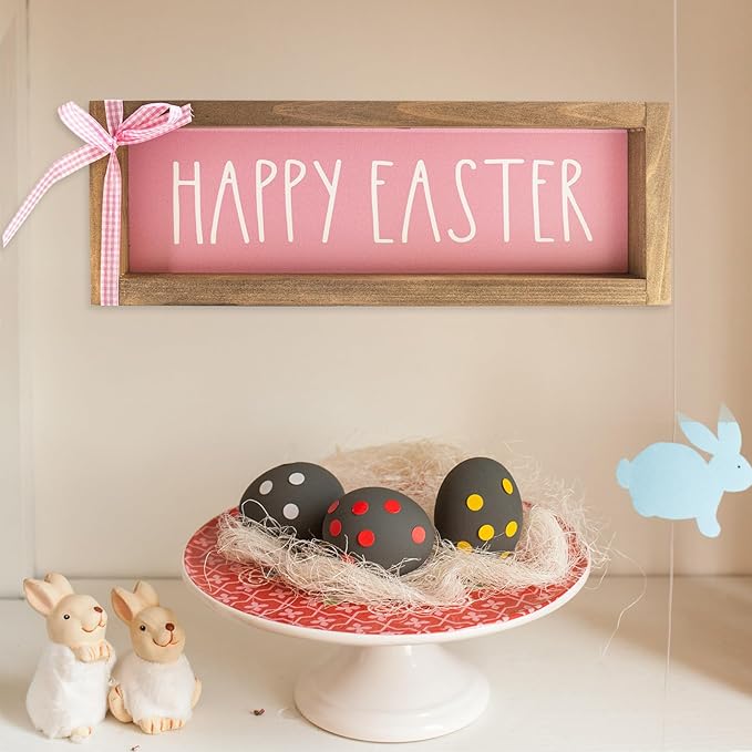 Happy Easter Sign, Wooden Pink Easter Table Top Decorations for Home Indoor, Spring Wood Decorative Signage Wall Art Living Room Tabletop Centerpieces Mantel Shelf Office Desk Rustic Decor