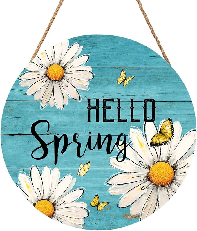 Spring Daisy Flower Sign for Front Door Hello Spring Wall Hanging Sign 12”x12” Welcome Butterfly Wood Door Hanger Farmhouse Rustic Blue Daisy Floral Wreath Sign for Home Outdoor Outside Porch Decor