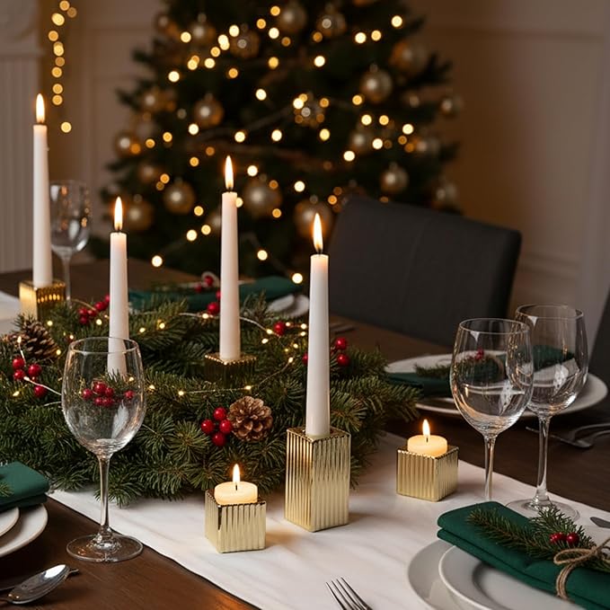 LETINE 12pcs Gold Vertical Stripe Glass Candlestick Holders - Chic Taper Candle Sticks Holder Set for Elegant Dining & Home Decor - Ideal for Christmas, Halloween, Thanksgiving