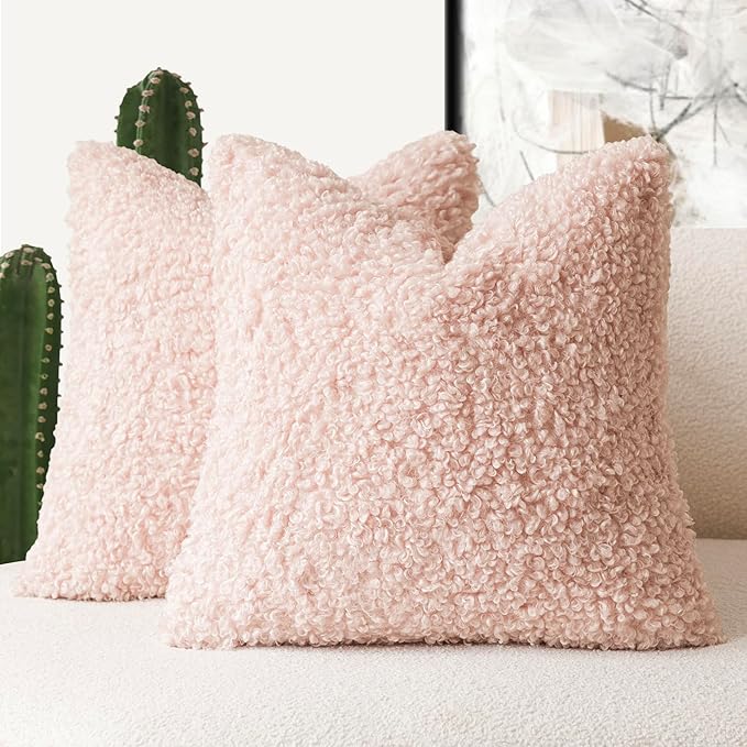 Foindtower 2 Pieces 16x16 Inch Light Pink, Faux Fur Throw Pillow Cover Accent Sherpa Furry Pillow Covers Fuzzy Soft Pillowcases Cozy Sheepskin Decorative Fleece Cushion Case for Bed Couch Living Room