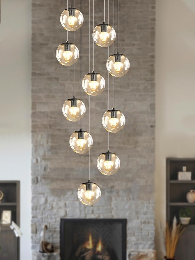 10-Light LED Staircase Modern Glass Globe Pendant Light Large Chandeliers for High Ceilings, Entryway Lighting Fixture Villas and Stairs
