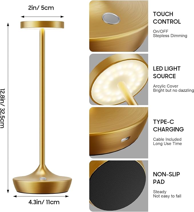 2 Pack Led Cordless Rechargeable Waterproof Table Lamp(Battery Operated Touch Light 3 Color Dimming Portable Night Lamp IP54 Waterproof Suitable For Indoor Outdoor Patio Restaurant Dining Home)Gold