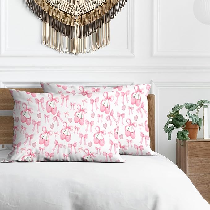 Bow Pillow Protectors with Zipper Standard Size Coquette Cherry Print Pillow Covers Set of 2 Preppy Bed Pillowcases Protector for Girl Woman Pink and White Bed Pillow Covers 36"X20"