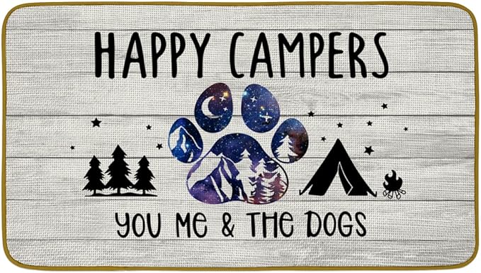 Burosev Happy Campers Decorative Doormat Camper The Dogs Floor Mat, Rustic You Me and The Dogs Paw Farmhouse Decor for Home Indoor Outdoor Front Porch Door Mat (17 x 30 Inch)