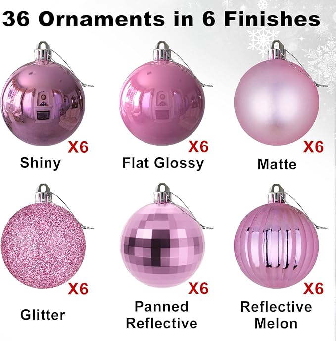 Bubblegun Pink 1.6" Small Christmas Balls Christmas Tree Decoration Ornaments Shatterproof Hanging Balls for Birthday Halloween Holiday Wedding Decorations Set of 36pcs