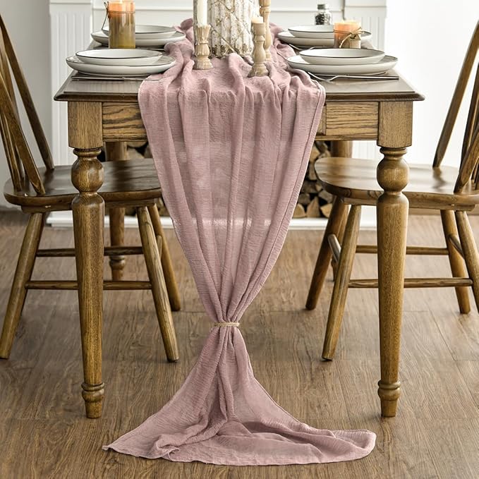 Artoid Mode Boho Cheesecloth Gauze Dusty Pink Wedding Table Runner, 160 Inch Seasonal Fabric Kitchen Dining Holiday Table Decor for Home Party Indoor